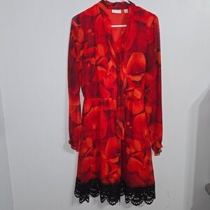 S#39 New York Company Red Floral Print Sheer Long Sleeve‎ Dress Lace Trim Size S